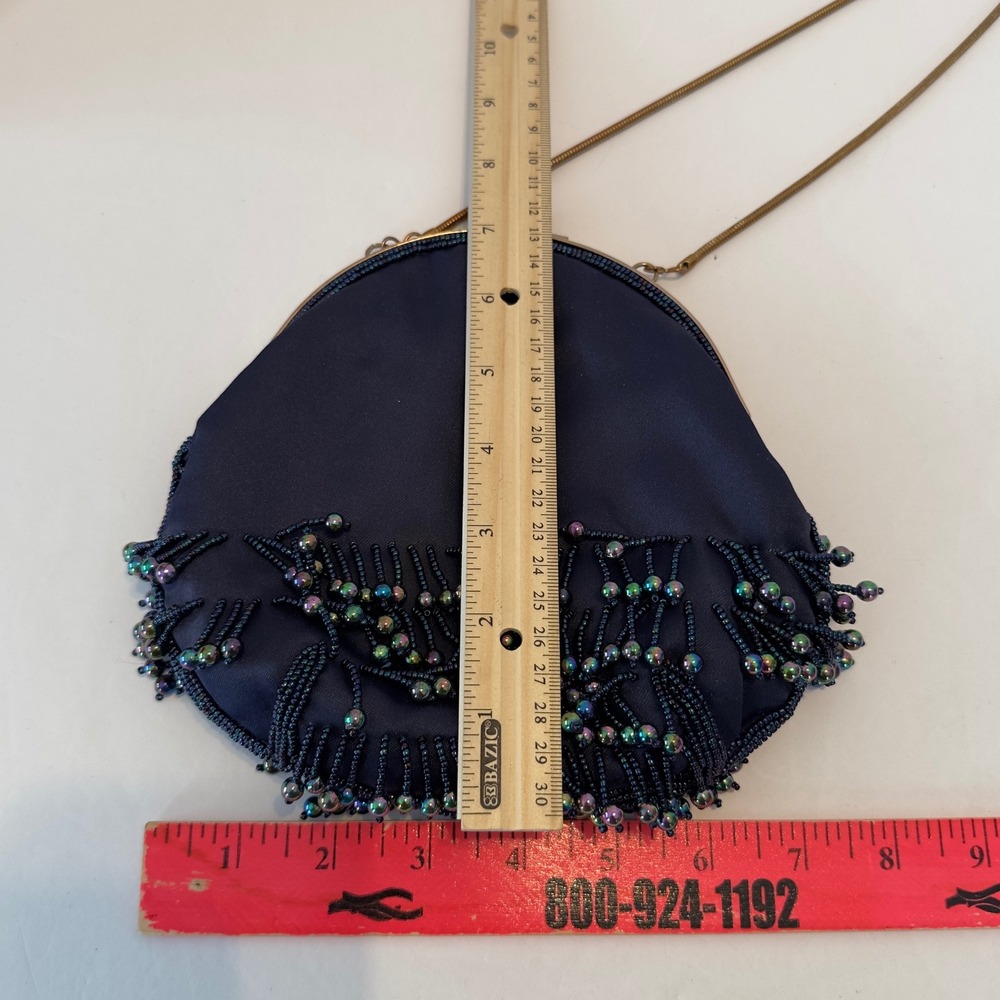 Vintage Navy Blue Satin Beaded Fringe Evening Bag Iridescent Oil Slick Kiss Lock - Picture 7 of 11